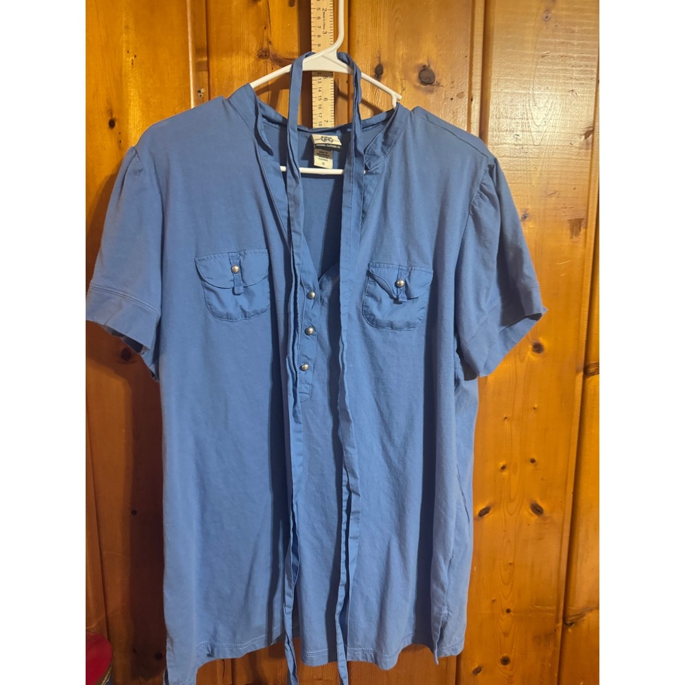 Route 66 Womens Blue Short Sleeve Henley Tie Neck Top Plus Size 1X
